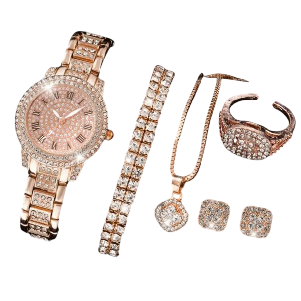 Conjunto de joyas y reloj de aleación para mujer, collar de cristal, pendientes, anillo, pulsera, elegante regalo de joyería para mujer rosa viejo