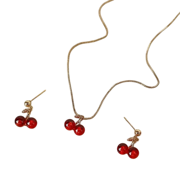 Conjunto de joyería de aleación de zinc en rojo cereza dulce, collar y pendientes colgantes con circonitas, cadena brillante, joyería de moda para mujeres 1