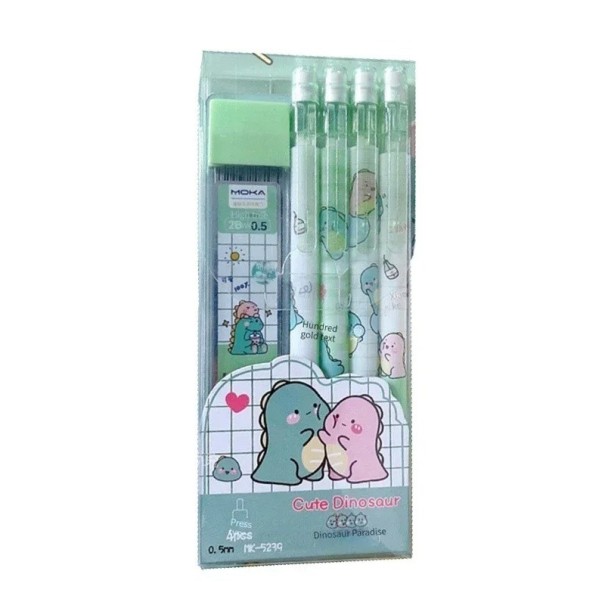 Conjunto de lápis mecânicos verdes Kawaii 0,5 mm 2B 4 lápis automáticos com minas de substituição Material escolar de desenho fofo 1
