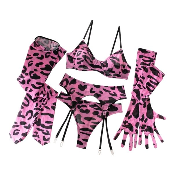 Conjunto de lencería de cinco piezas para mujer con estampado de leopardo, sujetador con aros, liguero, tanga, medias y guantes largos rosa claro M