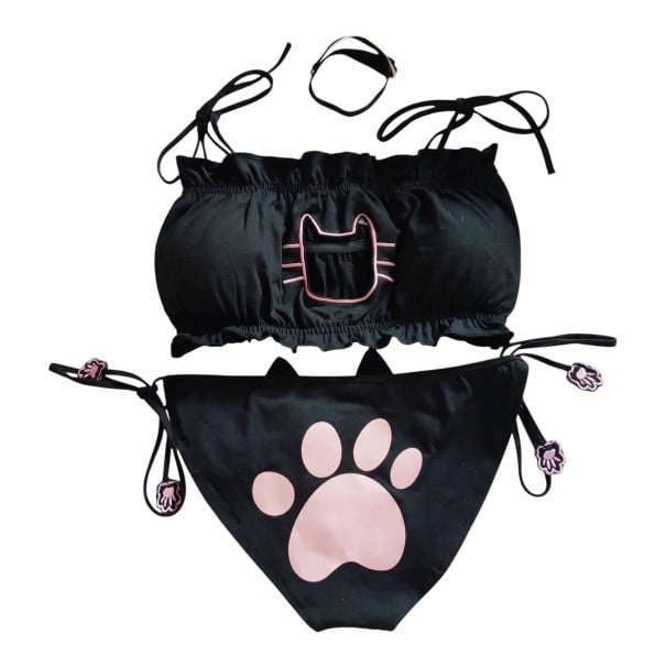 Conjunto de lencería para mujer con motivo de gato, sujetador bandeau con corte y braguitas con pata de atar, talla universal negro