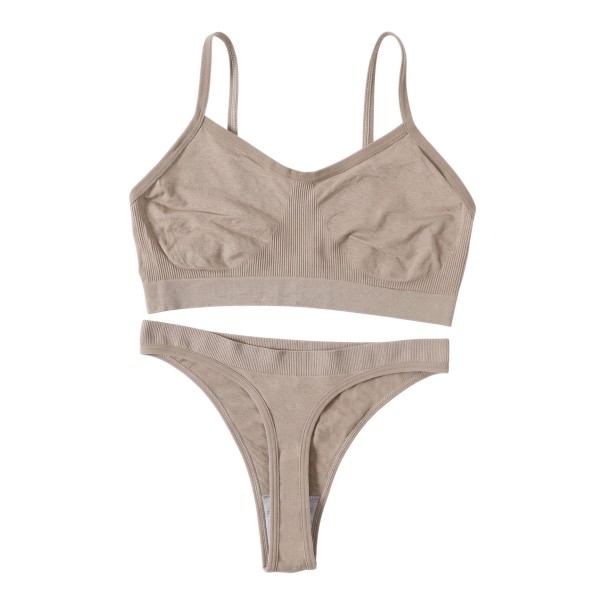 Conjunto de lencería sin costuras para mujer, sujetador sin aros con escote recto y tirantes finos, y bragas clásicas con cinturilla Beige L