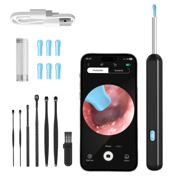 Conjunto de limpeza de ouvidos com câmara HD WiFi Otoscópio Vários adaptadores de silicone Luz LED Giroscópio de 6 eixos Aplicação móvel Cuidados higiênicos preto