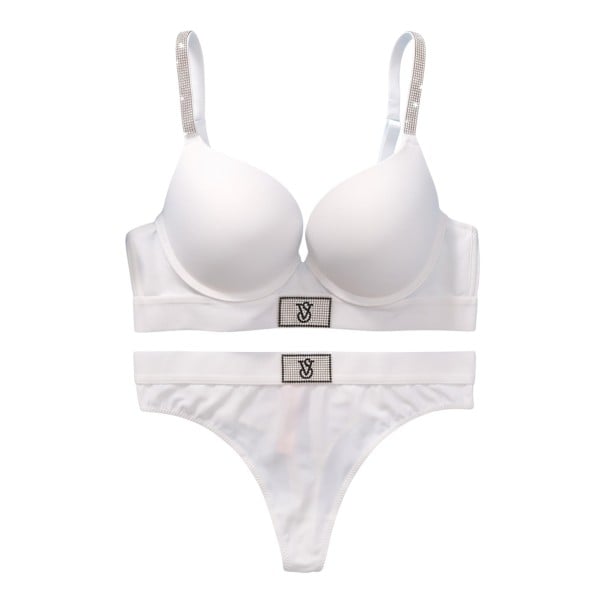 Conjunto de lingerie feminino com soutien push up com alças de strass e aplicação decorativa e fio dental com cintura larga e etiqueta branco 80C