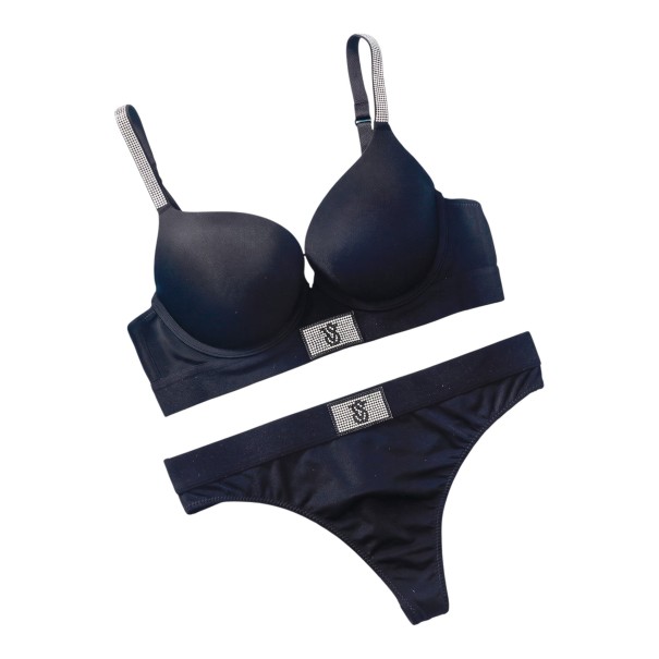 Conjunto de lingerie feminino com soutien push up com alças de strass e aplicação decorativa e fio dental com cintura larga e etiqueta brilhante preto 75C