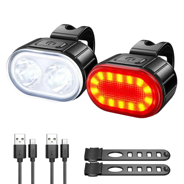 Conjunto de luzes LED brancas dianteiras e vermelhas traseiras para bicicleta com carregamento USB Luzes de bicicleta à prova de água IPX5 Iluminação 1