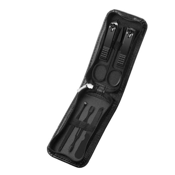 Conjunto de manicure e pedicure de luxo em estojo de couro com cortadores, lima, tesoura de manicure, cortador de cutículas, colher de ouvido Conjunto de viagem para unhas em aço inoxidável 6 pcs preto