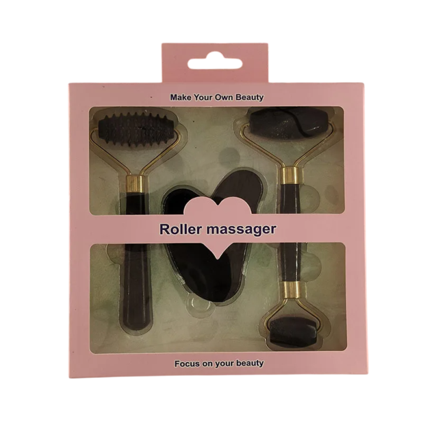 Conjunto de Massagem Facial e Corporal 3 pcs Rolo de Resina com Estrias Rolo Duplo Liso Gua Sha Espátula Acessório de Massagem preto