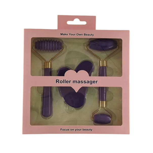Conjunto de Massagem Facial e Corporal 3 pcs Rolo de Resina com Estrias Rolo Duplo Liso Gua Sha Espátula Acessório de Massagem roxo