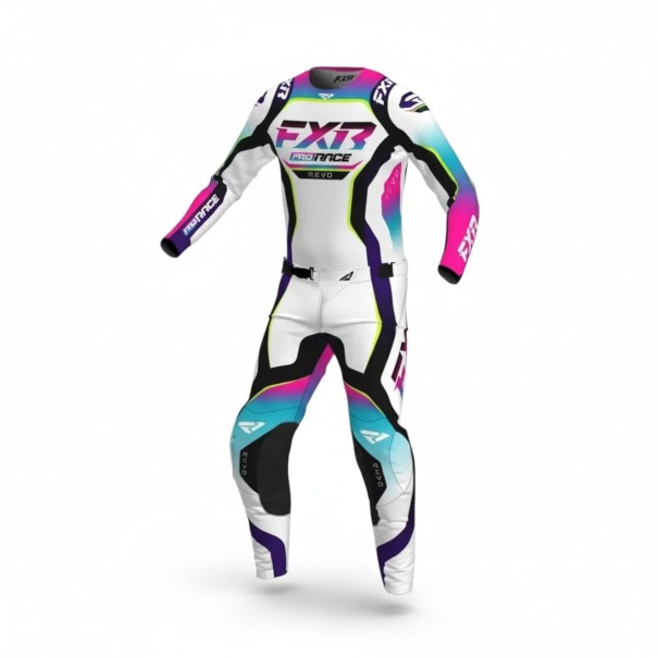 Conjunto de motocrós: camiseta e calças Camiseta de manga longa e calças com fecho em poliéster e nylon Branco com elementos rosa e turquesa L
