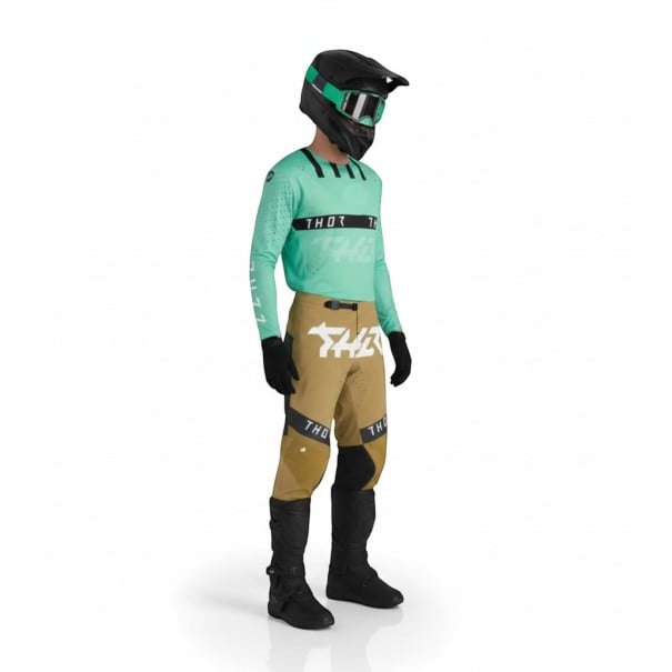 Conjunto de Motocross Camisola e Calças Camisola Perfurada de Manga Longa e Calças com Fivela Poliéster e Nylon Camisola Verde Menta e Calças Areia XL