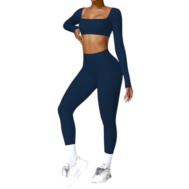 Conjunto de mujer de leggings y crop top de manga larga, unicolor, spandex, nylon azul oscuro S
