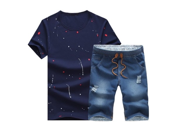 Conjunto de ocio para hombre: camiseta y pantalón corto azul oscuro J2236 azul oscuro S