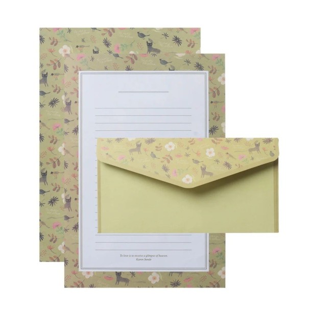 Conjunto de papel de carta e envelopes 14 x 21 cm 6 folhas de papel 8,5 x 16,5 cm 3 envelopes gatos pássaros flores conjunto de escrita verde 1