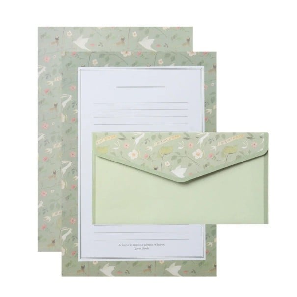 Conjunto de papel e envelopes 14 x 21 cm 6 folhas de papel 8,5 x 16,5 cm 3 envelopes padrão floral verde conjunto de escrita 1