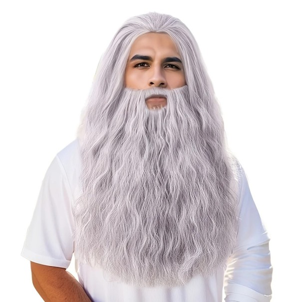Conjunto de peluca y barba, peluca larga ondulada gris de 86 cm con barba gruesa, disfraz de cosplay, fiesta temática de carnaval, utilería 1