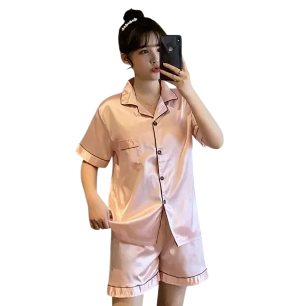 Conjunto de pijama feminino com t-shirt e calções Fecho de botões Bolso Gola Uniforme Material confortável Poliéster spandex rosa L