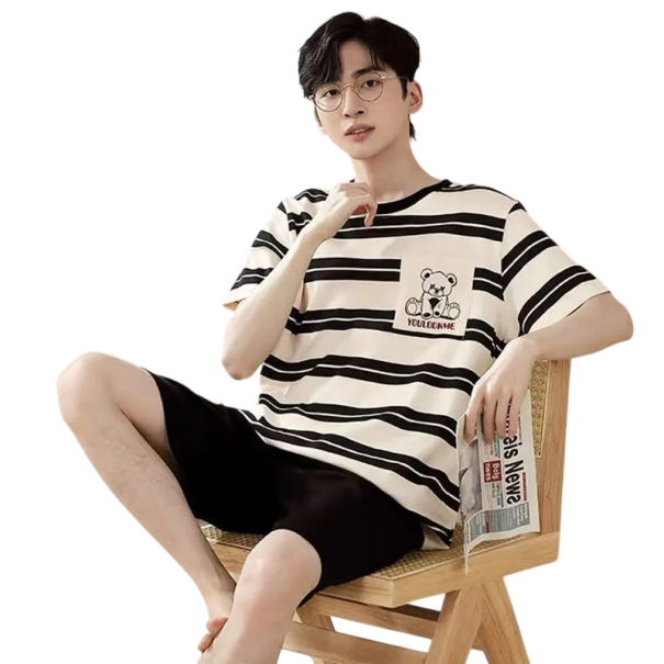Conjunto de pijama masculino t-shirt de manga curta e calções Bege com riscas Estampagem de ursinho Conjunto de verão Poliéster spandex S