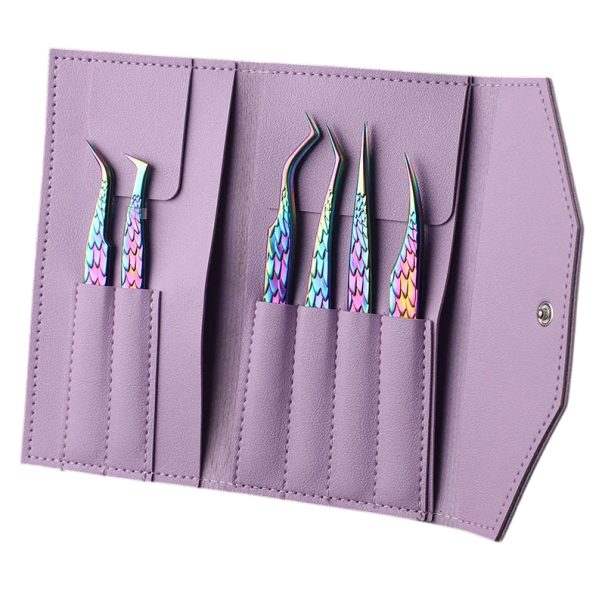 Conjunto de pinças para pestanas falsas 6 pcs Aço inoxidável Pontas curvas e anguladas Estojo rosa com divisórias Para extensão e pestanas multicolor