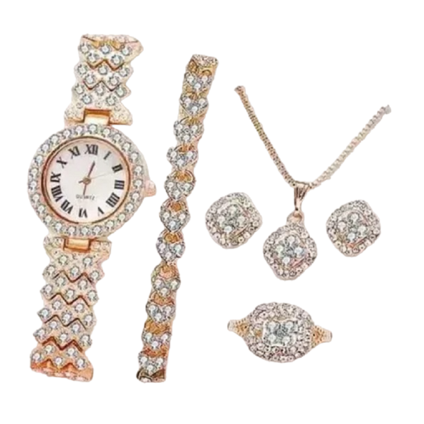 Conjunto de presente feminino 5 peças relógio, colar, brincos, pulseira e anel ouro rosa