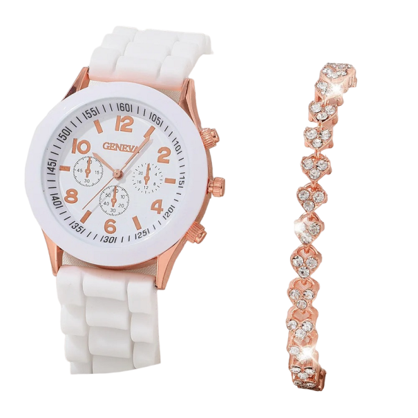 Conjunto de presente feminino de relógio e pulseira branco