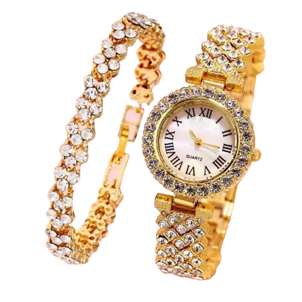 Conjunto de presente feminino relógio e pulseira com diamantes artificiais dourado