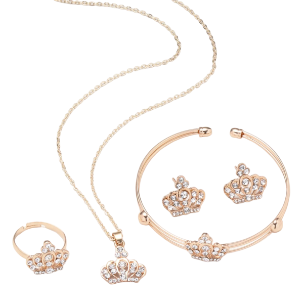 Conjunto de presente para mulheres colar, brincos, pulseira e anel com motivo de coroa 1