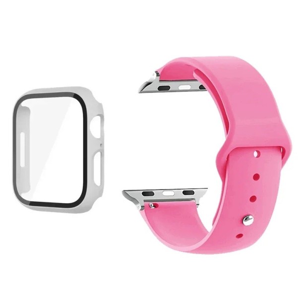 Conjunto de proteção para Apple Watch iWatch Series 3 2 1 38 mm vidro 9H para o display caixa e pulseira de relógio proteção do display rosa-branco