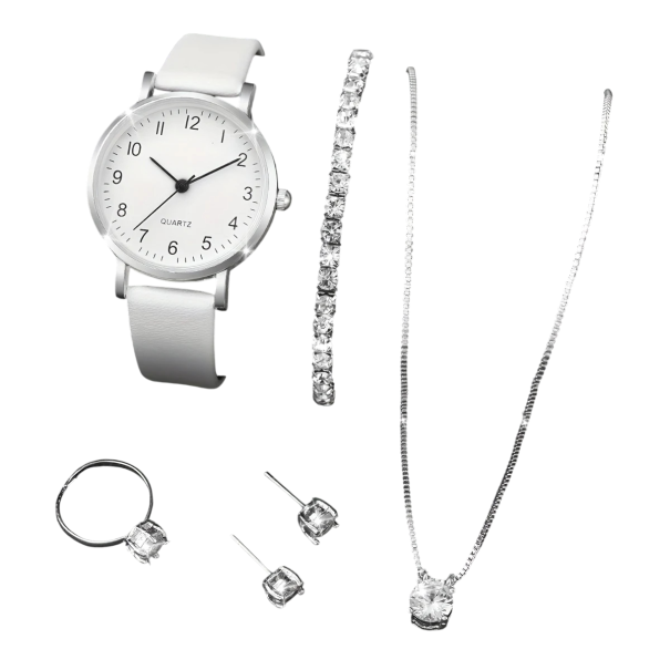 Conjunto de relógio de quartzo feminino com pulseira de couro e joias com pedras preciosas - colar, pulseira, brincos e anel branco. Presente elegante 1