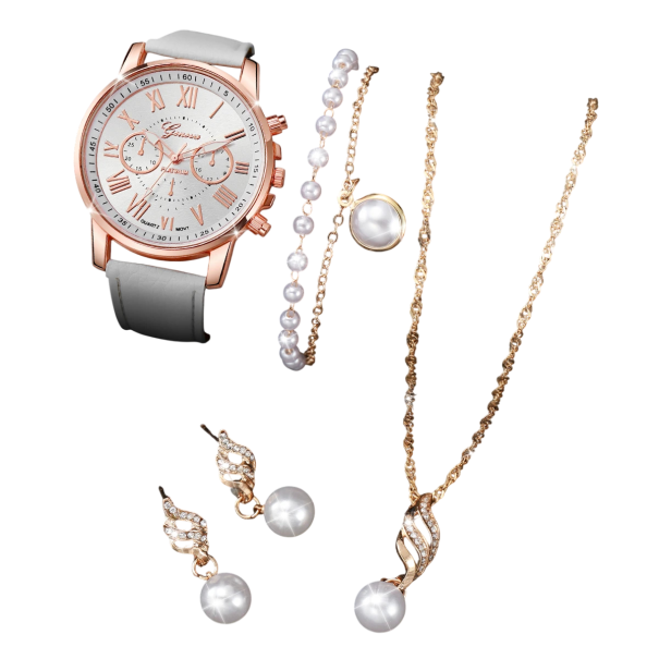 Conjunto de relógio e joias com pérolas Colar elegante brincos pulseira Conjunto de joias com pérolas Presente para mulheres Joia clássica 1