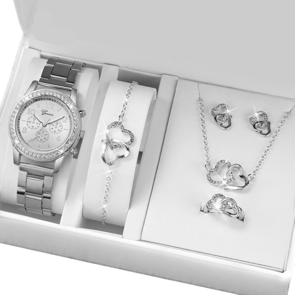 Conjunto de relógio e joias corações entrelaçados colar brincos pulseira presente romântico para mulheres dia dos namorados aniversário prateado