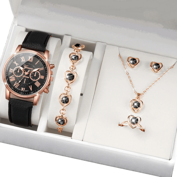 Conjunto de relógio e joias femininas Colar elegante pulseira brincos anel com coração Presente de luxo para mulheres Caixa de presente preto