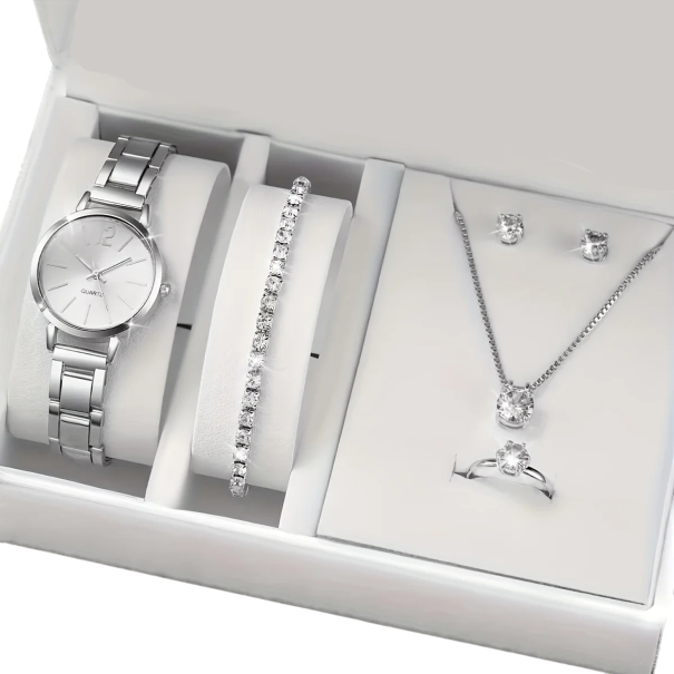 Conjunto de relógio e joias femininas com pedras preciosas Cor Prata Bracelete Brincos Colar Anel Conjunto de joias elegante Presente para mulheres 1