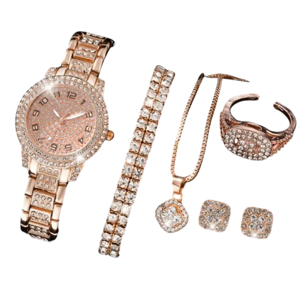 Conjunto de relógio e joias femininas em liga Colar de cristal brincos anel pulseira Acessórios elegantes Presente para mulheres rosa velho