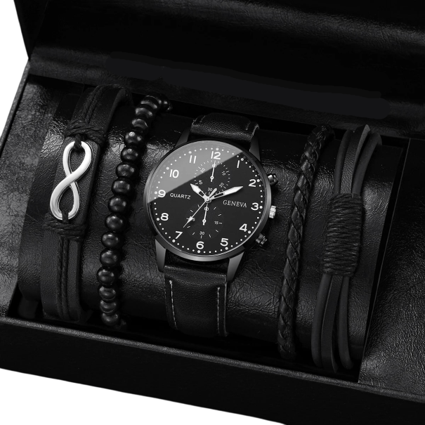 Conjunto de relógios de homem cor preta pulseira de couro 3 pulseiras de couro símbolo do infinito 1 pulseira de contas presente elegante 1
