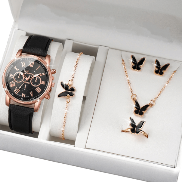 Conjunto de reloj y joyas para mujer Elegante collar pulsera pendientes anillo con mariposa Regalo de lujo para mujer Caja de regalo negro