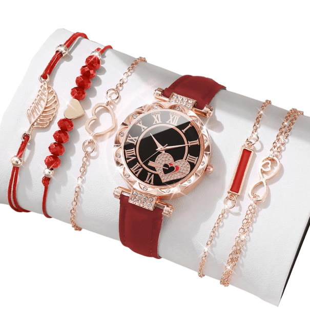 Conjunto de relojes de mujer con correa de piel y 5 pulseras Reloj elegante rojo con accesorios Conjunto de joyas con estilo Regalo para mujer 1