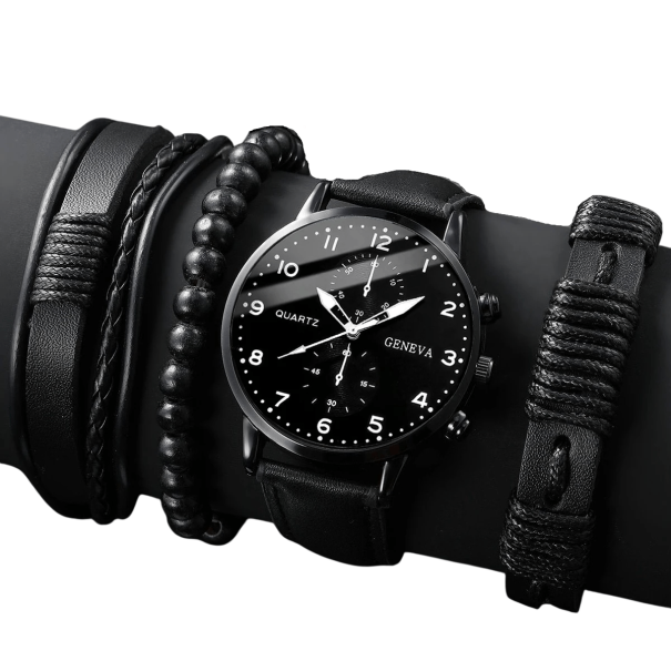 Conjunto de relojes para hombre, color negro y 3 pulseras de piel. Conjunto con estilo. Accesorio elegante. Relojes de hombre modernos. Regalo 1