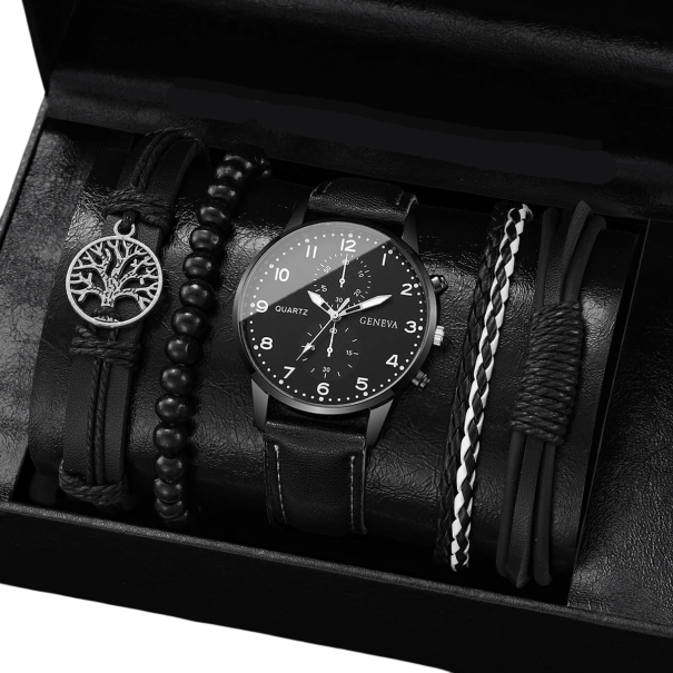 Conjunto de relojes para hombre con correa de piel, color negro, 3 pulseras de piel, 1 pulsera de cuentas, Conjunto elegante, Regalo con estilo para hombre 1