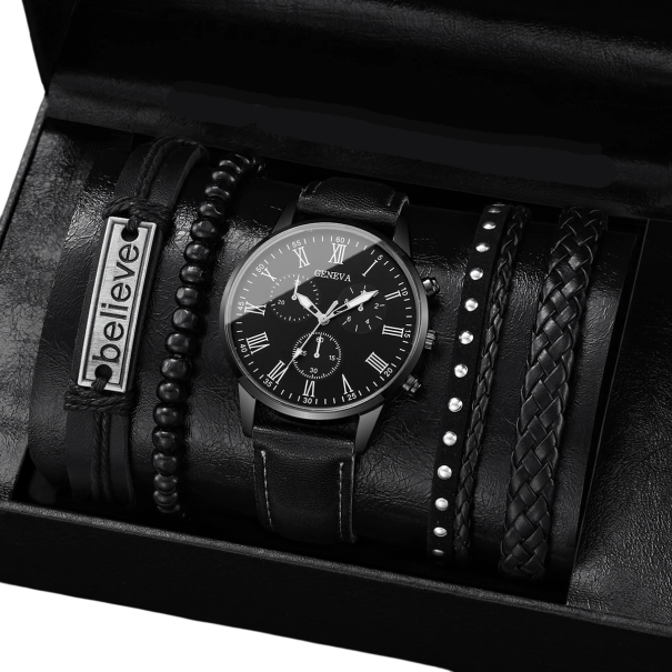 Conjunto de relojes para hombre con correa de piel, color negro, 3 pulseras de piel, colgante Believe, 1 pulsera de cuentas, regalo con estilo 1