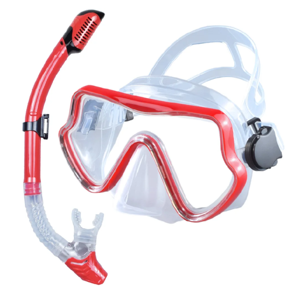 Conjunto de Snorkel Óculos 16,5 x 8,8 cm com vedação em silicone e vidro temperado + snorkel 43 cm com válvula de ar vermelho