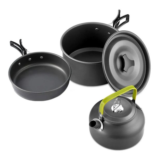 Conjunto de utensílios de camping 3 peças Panela antiaderente 2 l frigideira 1 l e chaleira 0,8 l Alumínio e cabos resistentes ao calor Cinza 1