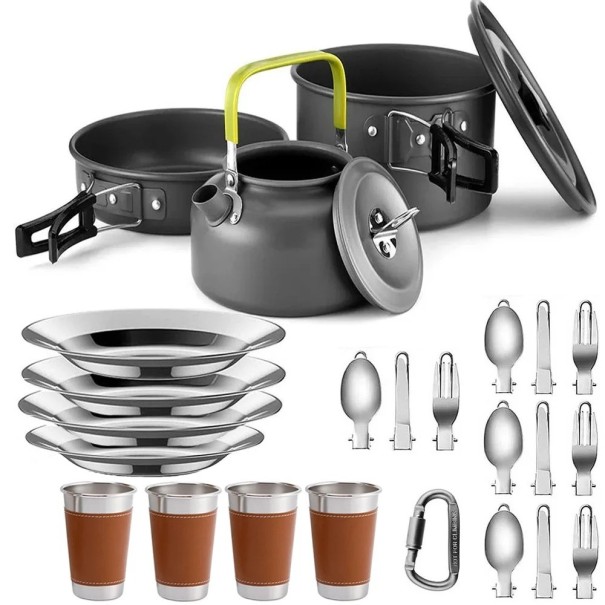 Conjunto de utensílios de camping Panela frigideira chaleira pratos talheres e canecas 500 ml Alumínio anodizado resistente Cinza-preto Para camping 1