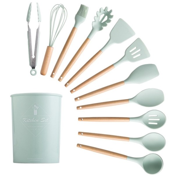 Conjunto de utensílios de cozinha com suporte 12 pcs verde claro