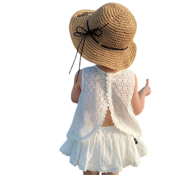 Conjunto de verano para niña con falda blanca y top de tirantes anchos con escote redondo y cierre de botones, conjunto ligero 5