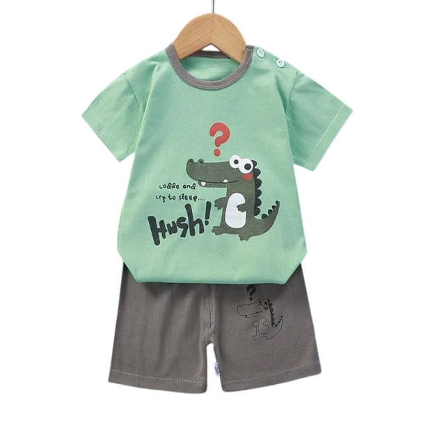 Conjunto de verano para niño Camiseta de algodón de manga corta y botones Camiseta verde con estampado de cocodrilo Pantalones cortos marrones 9-12 meses