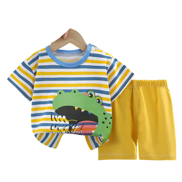 Conjunto de verano unisex para niños Camiseta a rayas de manga corta Cuello redondo Estampado de cocodrilo verde Pantalones cortos amarillos 3