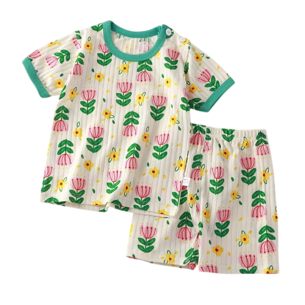 Conjunto de verano unisex para niños Camiseta de manga corta con botones Cuello redondo Color amarillo Estampado de flores Pantalones 5