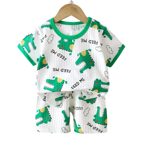 Conjunto de verano unisex para niños Camiseta de manga corta con botones Cuello redondo Color blanco Estampado de cocodrilos Pantalones 3-6 meses