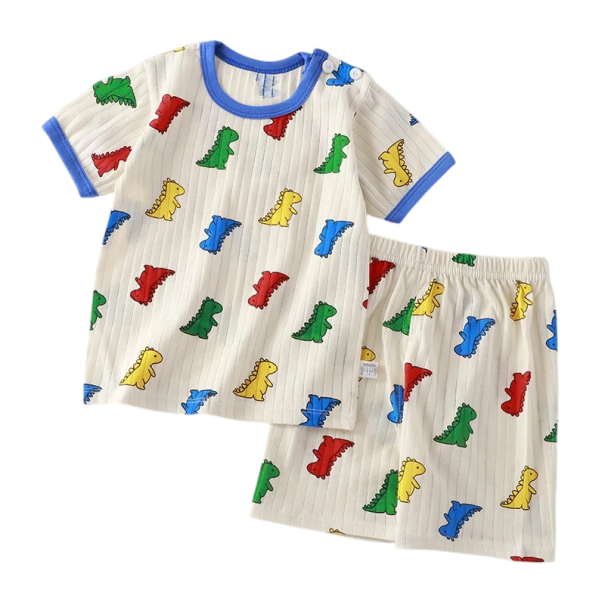 Conjunto de verão infantil com estampado de dinossauros unisex Camiseta de manga curta e calções Decote redondo Conjunto bege 6-12 meses